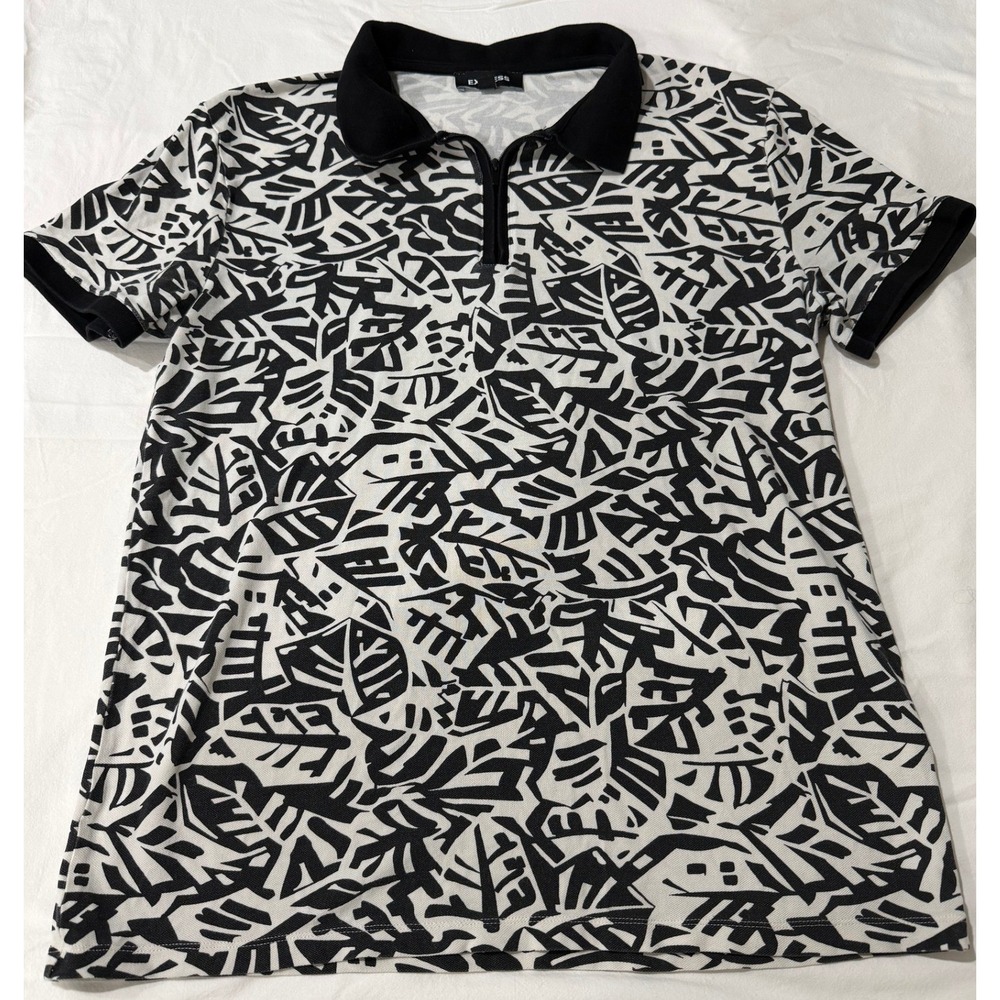 Express Mens Quarter Zip Polo Shirt Black White Abstract Leaf Print Size M